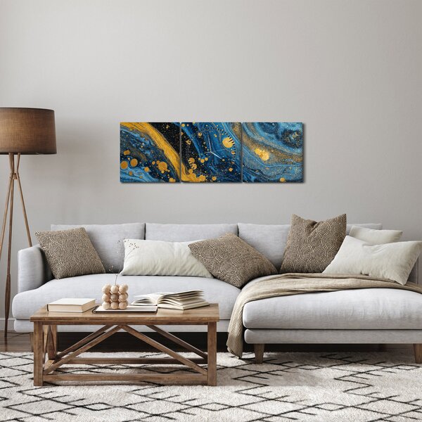Obraz - Niebieska abstrakcja ze złotem (z zegarem) (90x30 cm)