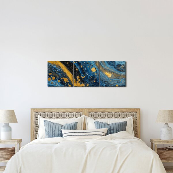 Obraz - Niebieska abstrakcja ze złotem (z zegarem) (90x30 cm)
