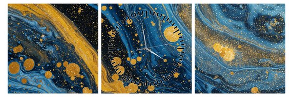 Obraz - Niebieska abstrakcja ze złotem (z zegarem) (90x30 cm)