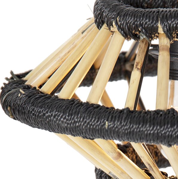 Orientalna lampa wisząca bambusowa z czarnym owalnym kloszem 3-światłowym - Evalin
