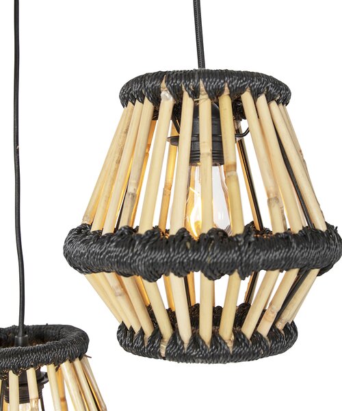 Orientalna lampa wisząca z bambusa z czarnym okrągłym 3-światłem - Evalin