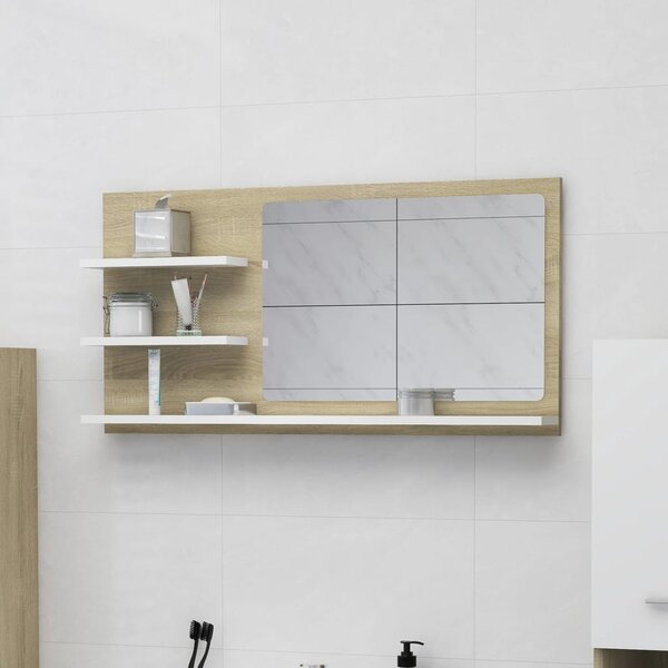 Lustro łazienkowe, biel i dąb sonoma, 90x10,5x45 cm, płyta