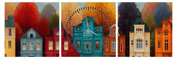 Obraz - Malowane jesienne miasto (z zegarem) (90x30 cm)