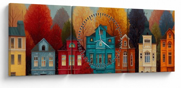 Obraz - Malowane jesienne miasto (z zegarem) (90x30 cm)