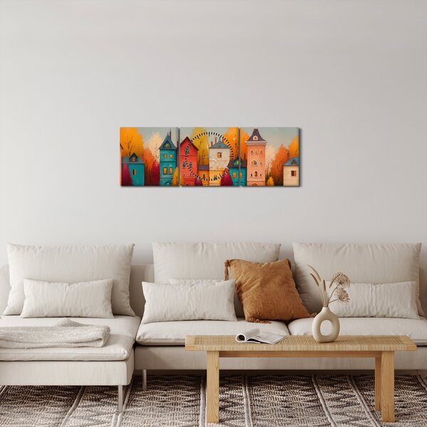 Obraz - Jesienna wieś (z zegarem) (90x30 cm)