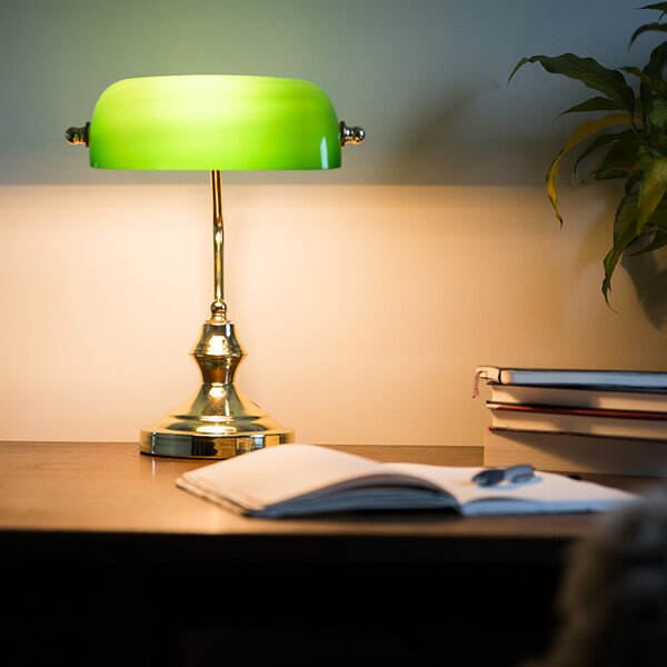 Klasyczna lampa stołowa / lampa notarialna mosiądz ze szklanym kloszem w kolorze zielonym - Banker