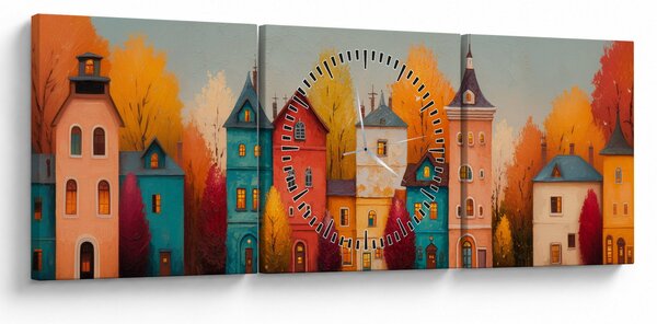 Obraz - Jesienna wieś (z zegarem) (90x30 cm)
