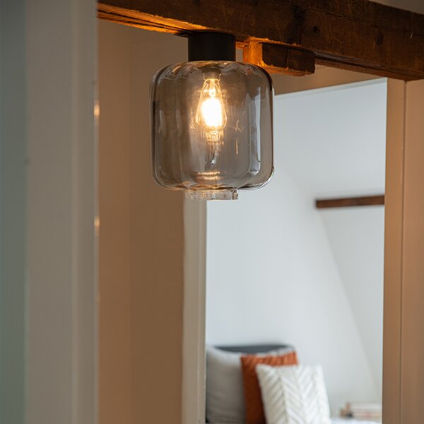 Designerska lampa sufitowa czarna z dymionym szkłem - Qara