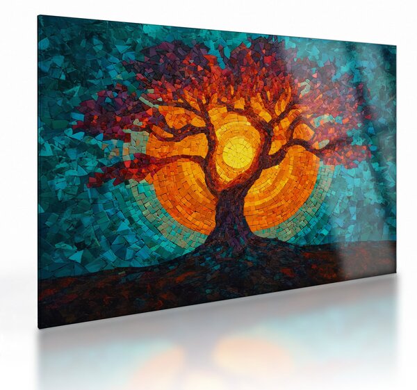 Obraz na szkle - Drzewo życia i słońce w mozaice (70x50 cm)