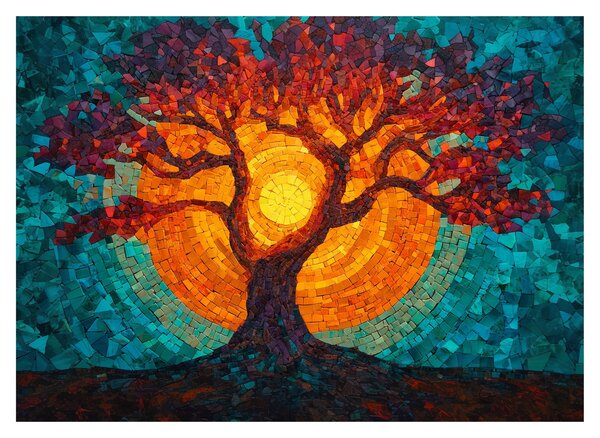 Obraz - Drzewo życia i słońce w mozaice (70x50 cm)