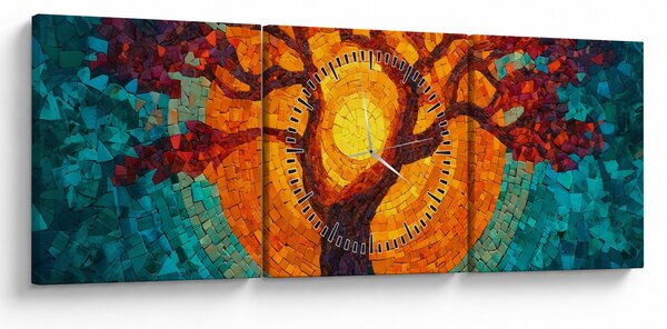 Obraz - Drzewo życia i słońce w mozaice (z zegarem) (90x30 cm)