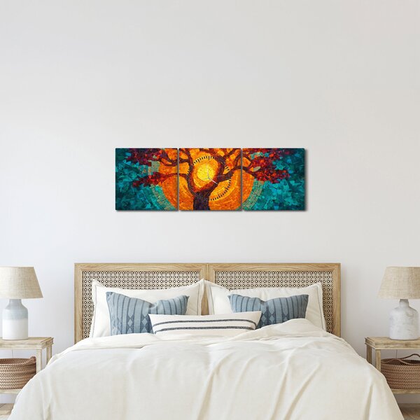 Obraz - Drzewo życia i słońce w mozaice (z zegarem) (90x30 cm)