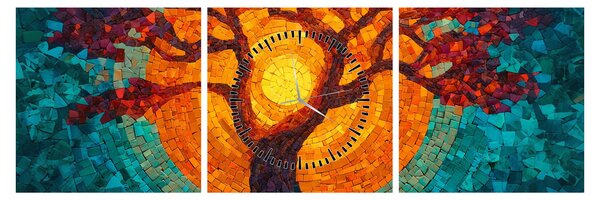 Obraz - Drzewo życia i słońce w mozaice (z zegarem) (90x30 cm)