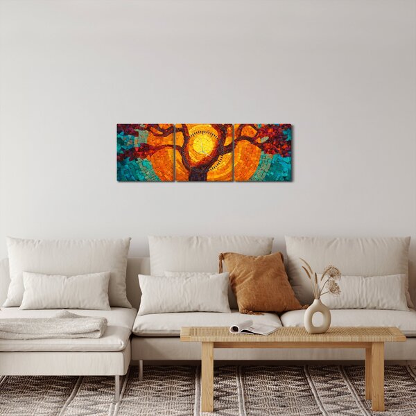 Obraz - Drzewo życia i słońce w mozaice (z zegarem) (90x30 cm)