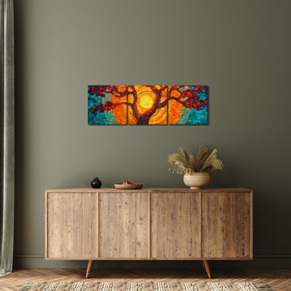 Obraz - Drzewo życia i słońce w mozaice (z zegarem) (90x30 cm)
