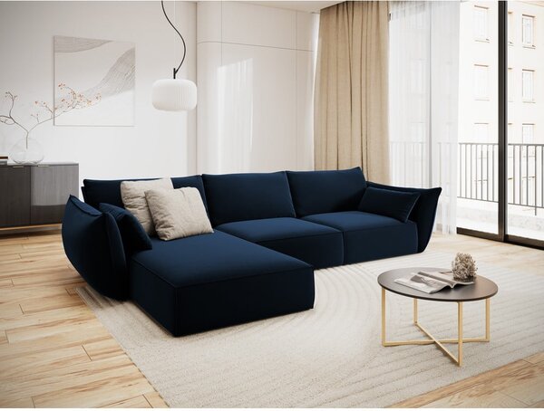 Ciemnoniebieski aksamitny narożnik (lewostronny/z szezlongiem) Vanda – Mazzini Sofas