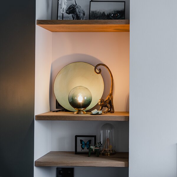 Lampa stołowa w stylu art deco mosiądz z oceanicznym niebieskim szkłem - Pallon