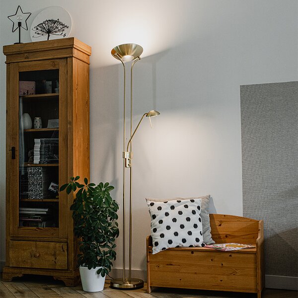 Lampa stojąca złota z lampką do czytania, w tym LED i ściemniacz - Diva 2