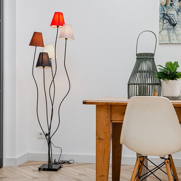 Designerska lampa podłogowa czarna z abażurami z tkaniny 5-światłowa - Melis