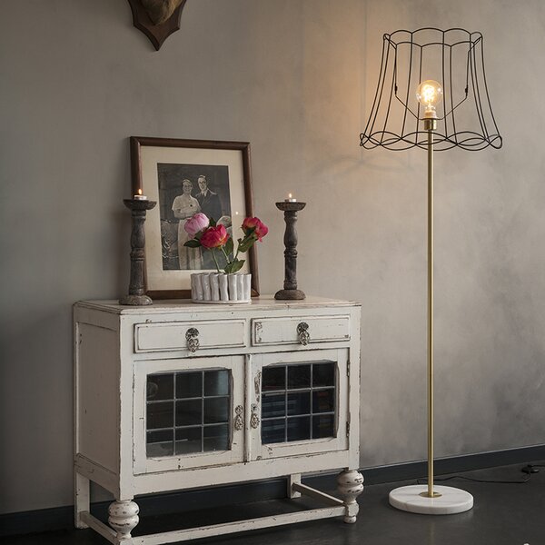 Retro lampa podłogowa mosiądz z kloszem Granny Frame czarny 45 cm - Kaso