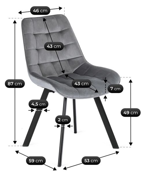 Zestaw 4x Krzesło Tapicerowane RICK do Salonu Szare Welurowe Loft