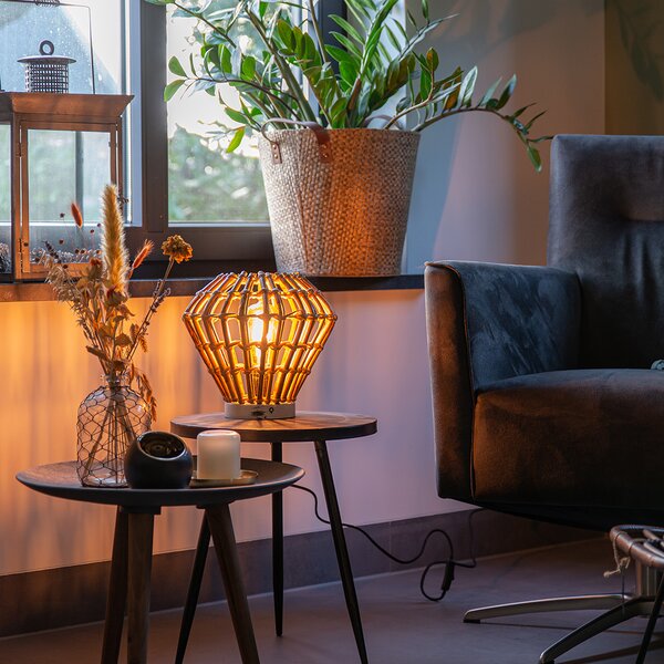 Rustykalna lampa stołowa bambusowa z białym - Canna Diamond