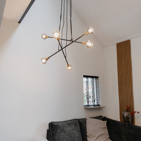 Lampa wisząca czarna z mosiądzem i przydymionym szkłem 6-świateł - Vidro