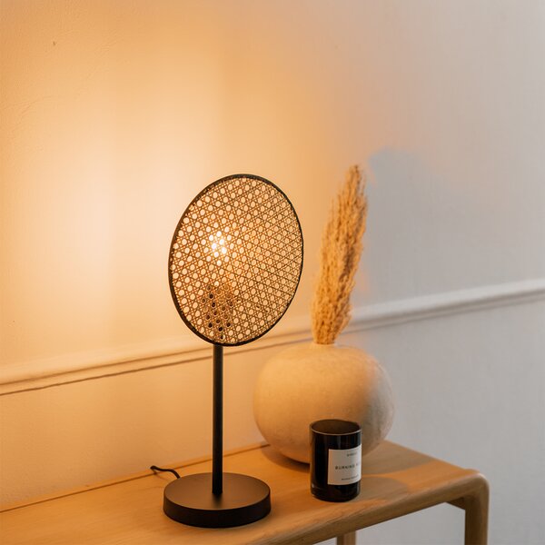 Rustykalna lampa stołowa czarna z rattanem 25 cm - Kata