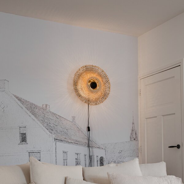 Orientalna lampa ścienna z bambusa 50 cm z wtyczką - Rina