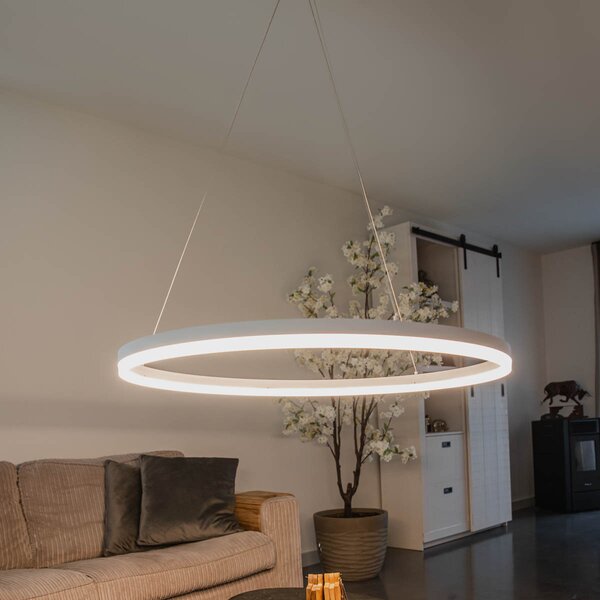 Designerska lampa wisząca biała 80 cm z wbudowanym LEDem o 3-stopniowej regulacji jasności - Anello