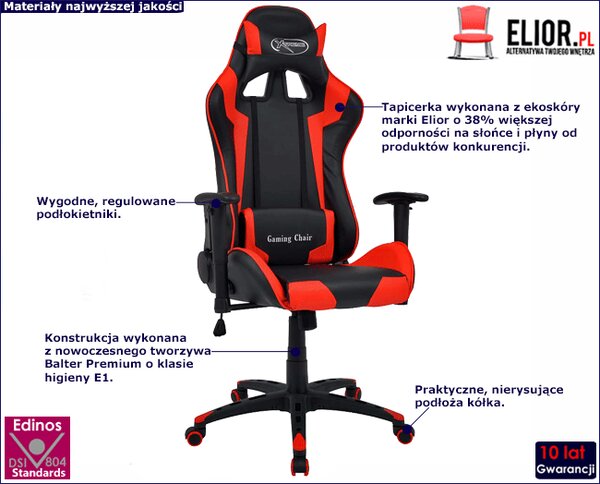 Czarno-czerwony fotel gamingowy z poduszkami H9-B76