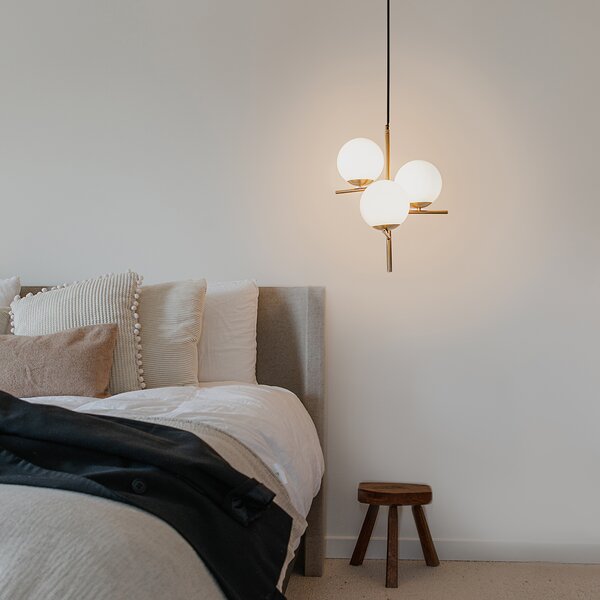 Lampa wisząca w stylu art deco złota z opalowym szkłem 3-punktowa - Flore