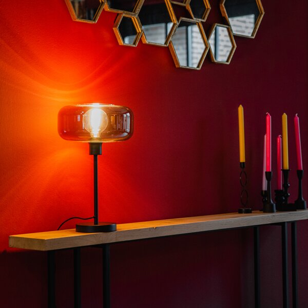 Lampa stołowa art deco czarna z przydymionym szkłem - Bizle