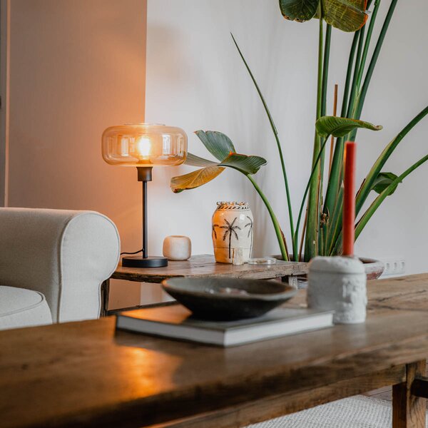 Lampa stołowa w stylu art deco czarna z bursztynowym szkłem - Bizle
