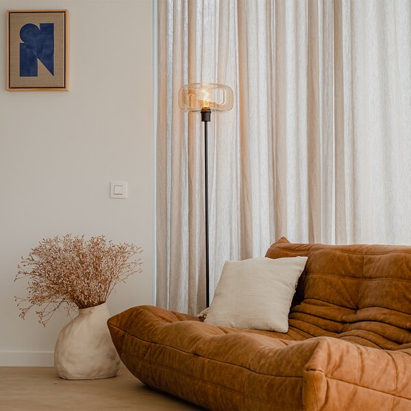 Lampa stojąca art deco czarna z bursztynowym szkłem - Bizle