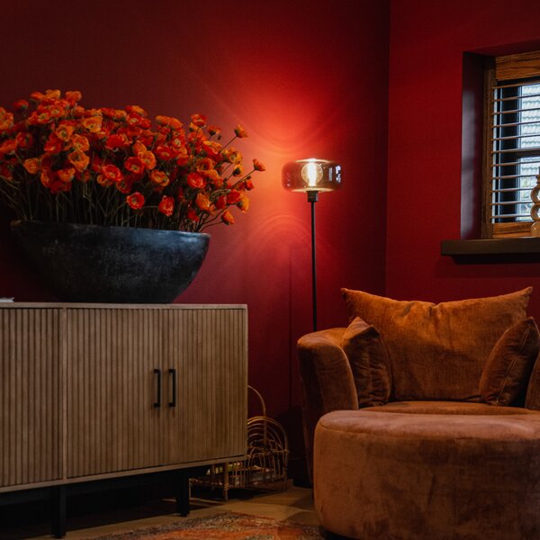 Lampa stojąca art deco czarna z przydymionym szkłem - Bizle