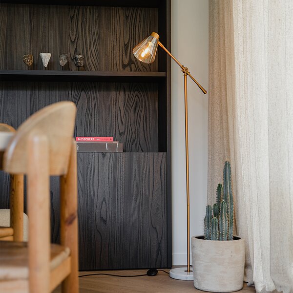 Lampa podłogowa w stylu art deco brązowa z marmurem i bursztynowym szkłem - Nina