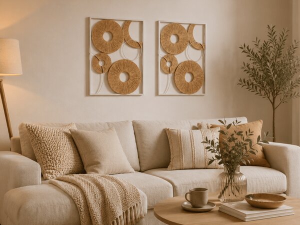 Zestaw 2 szt. dekoracji ściennej CIRCLES metal 48x68 cm, biały / beżowy