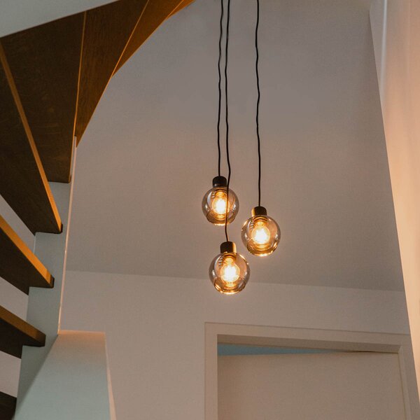 Lampa wisząca art deco czarna z przydymionym szkłem okrągła 3-światłowa - Vidro