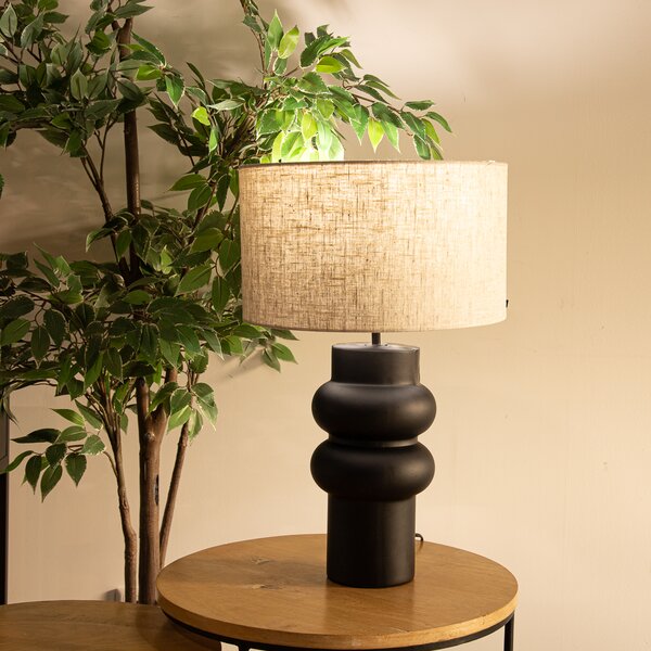 Designerska lampa stołowa czarna z abażurem z tkaniny w kolorze jasnoszarym 35 cm - Alisia