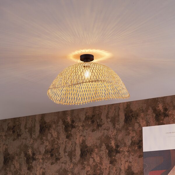 Lampa sufitowa w stylu art deco, czarna z naturalnym bambusem, 60 cm - Alka