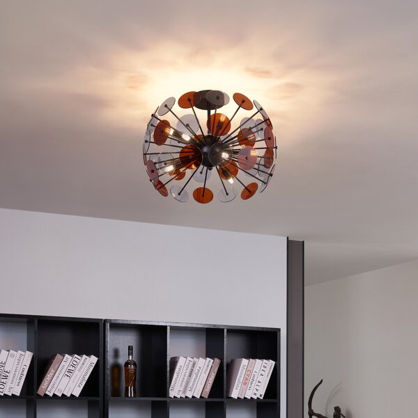 Lampa sufitowa w stylu art deco, czarna z bursztynowym i dymionym szkłem - Atomic