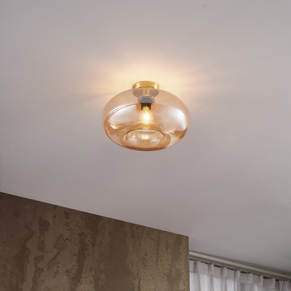Art Deco Lampa Sufitowa Mosiężna z Bursztynowym Szkłem 40cm - Busa