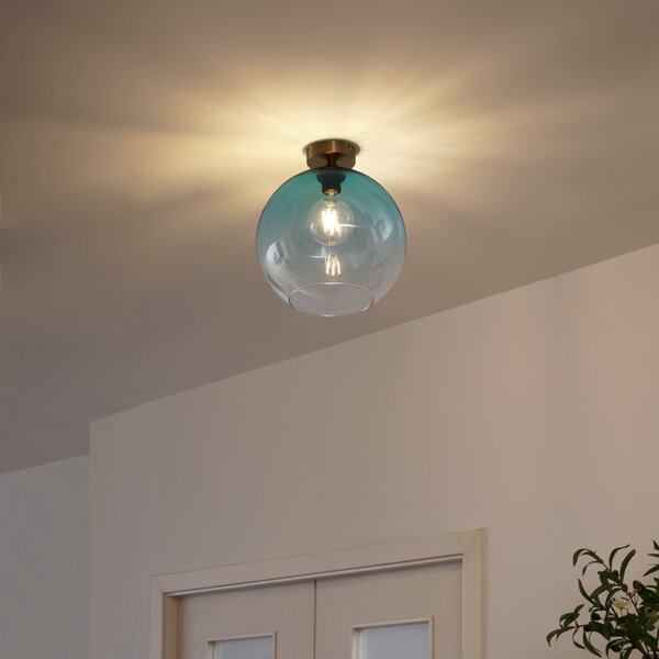 Lampa sufitowa Art Deco mosiężna z niebieskim szkłem - Sandra