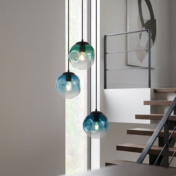 Lampa wisząca w stylu Art Deco czarna z niebieskim i zielonym szkłem 3-źródła światła - Douglass