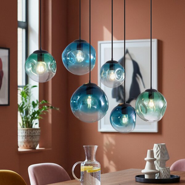 Lampa wisząca w stylu Art Deco czarna z owalną płytą sufitową i zielono-niebieskim szkłem 6-punktowa - Douglass