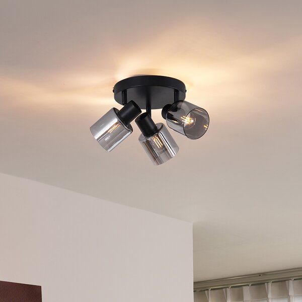 Nowoczesna lampa sufitowa czarna z okrągłym przydymionym szkłem 3-źródła światła - Cilin