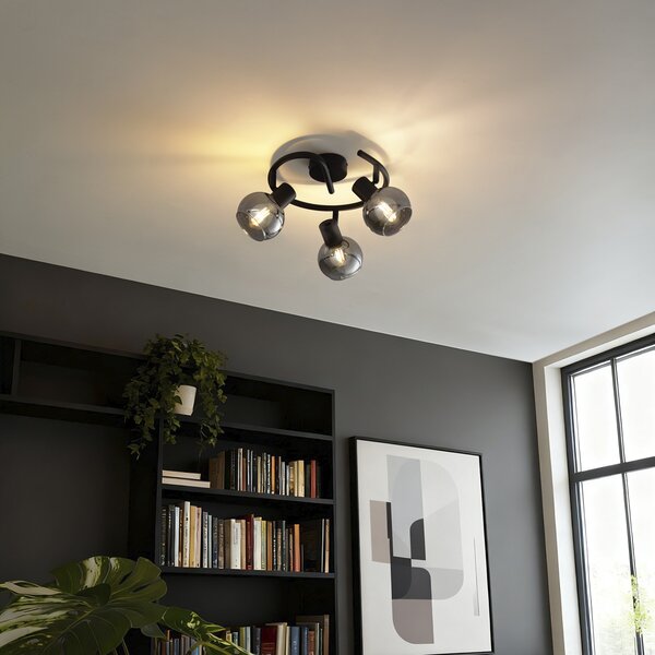 Lampa sufitowa art deco czarna z przydymionym szkłem 3-punktowa okrągła - Vidro