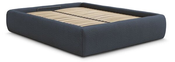 Ciemnoniebieskie tapicerowane łóżko dwuosobowe bez zagłówka ze schowkiem i stelażem 160x200 cm Inera – Bobochic Paris