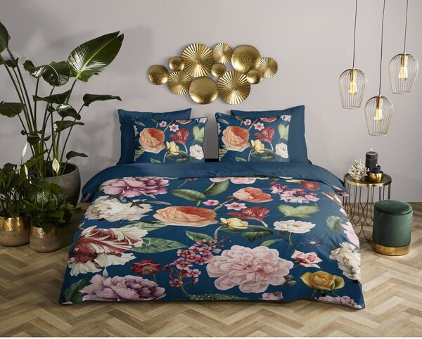 Ciemnoniebieska pościel jednoosobowa z satyny bawełnianej 140x220 cm Fiori – Descanso
